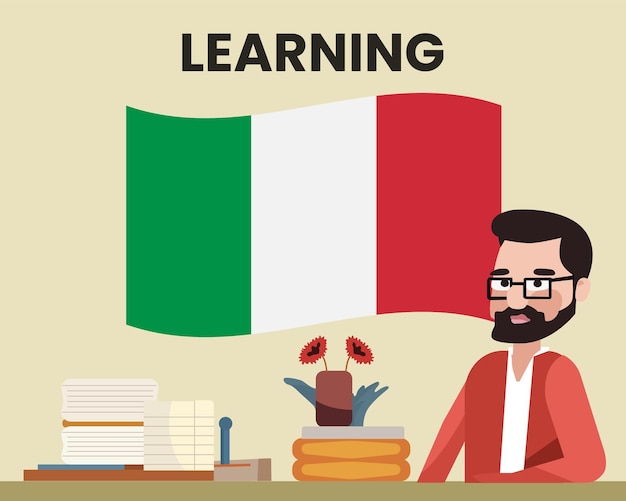 Bandera de Italia con un profesor masculino aprendiendo o enseñando el concepto de escuela de idiomas de Italia