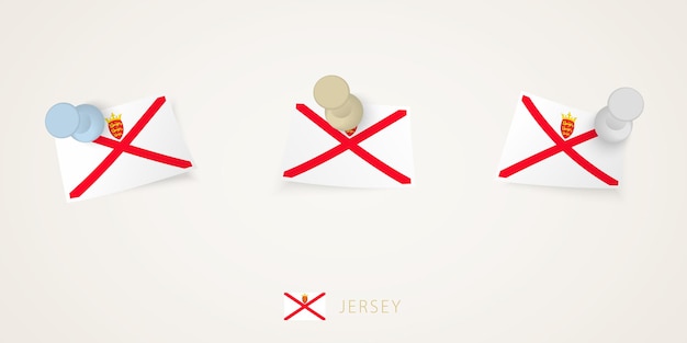 Bandera de Jersey en diferentes formas con esquinas retorcidas Vector pushpins vista superior
