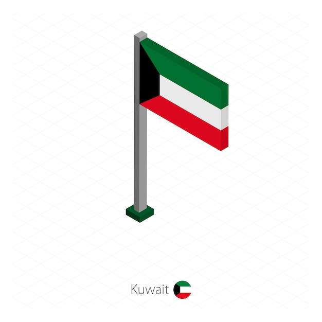 Bandera de kuwait en asta de bandera en dimensión isométrica fondo azul isométrico ilustración vectorial