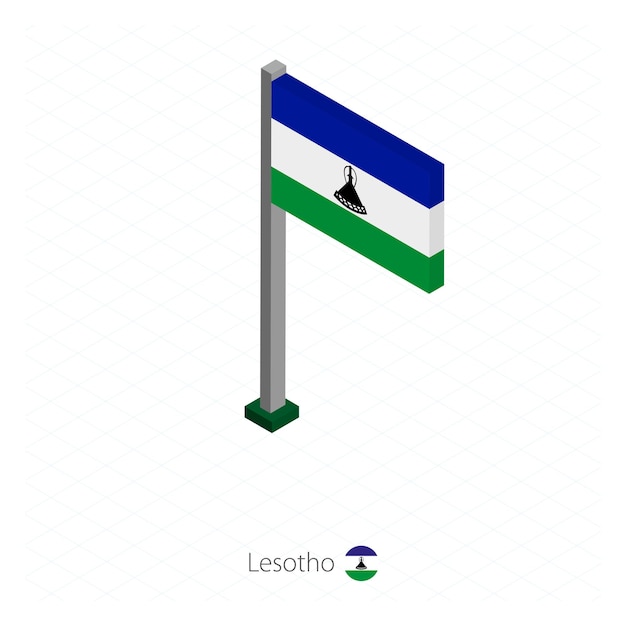 Bandera de Lesotho en asta de bandera en dimensión isométrica Fondo azul isométrico Ilustración vectorial