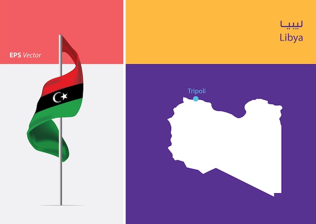 Bandera de Libia sobre fondo blanco con mapa