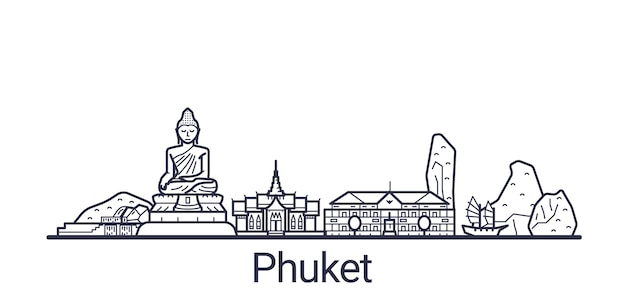 Bandera lineal de la ciudad de Phuket. Todo el arte de los edificios de Phuket.