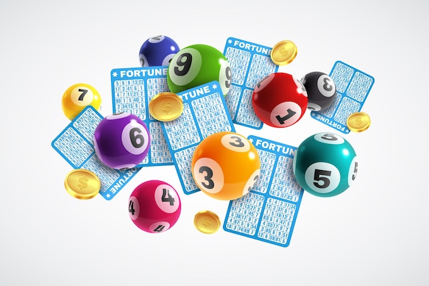 Bandera de lotería. Boletos de lotería realistas y bolas de dibujo con números, afortunado instantáneo, juego de lotería, concepto de vector de juego de ocio de Internet de jackpot