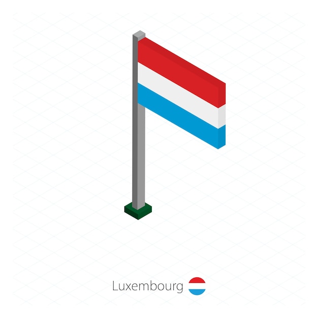 Bandera de Luxemburgo en asta de bandera en dimensión isométrica Fondo azul isométrico Ilustración vectorial