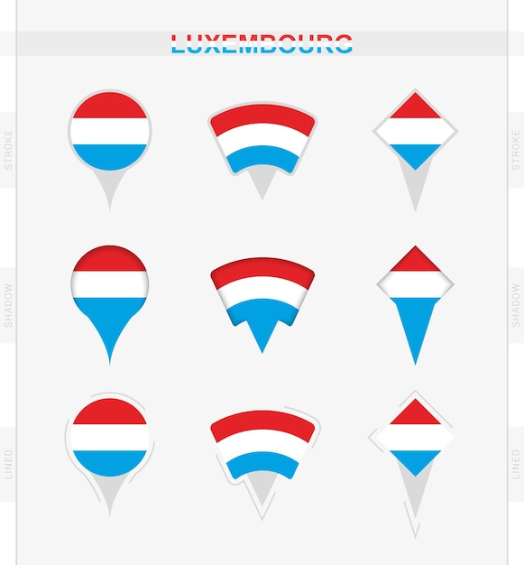 Bandera de Luxemburgo conjunto de iconos de pin de ubicación de la bandera de Luxemburgo