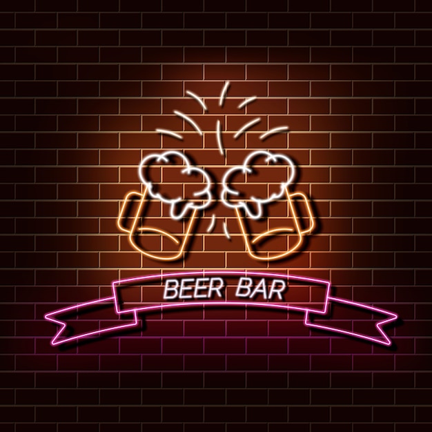 Vector bandera de la luz de neón de la barra de la cerveza en una pared de ladrillo. signo naranja y rosa. elemento retro realista decorativo para diseño web ilustración vectorial.