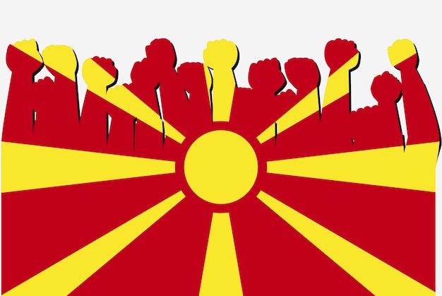 Bandera de Macedonia con manos de protesta levantadas logotipo de la bandera del país vectorial Concepto de protesta de Macedonia