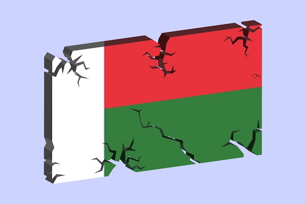 Bandera de Madagascar en patrón de fractura de vector de pared agrietada 3D con concepto de problemas de textura agrietada