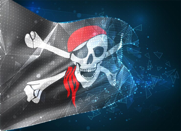 Vector bandera de malla de vector 3d de un cráneo pirata en un objeto 3d abstracto virtual negro de polígonos triangulares sobre un fondo azul