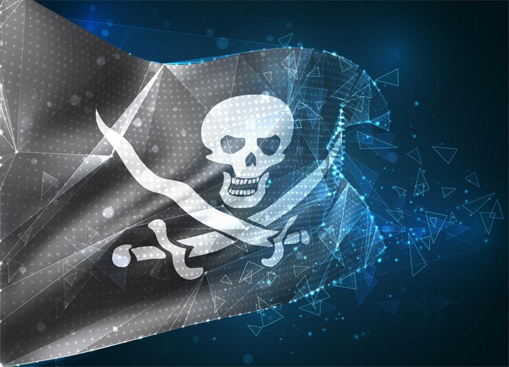 Vector bandera de malla de vector 3d de un cráneo pirata en un objeto 3d abstracto virtual negro de polígonos triangulares sobre un fondo azul