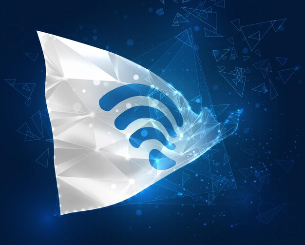 Bandera de malla vectorial 3d de objeto 3D abstracto virtual de onda wifi de polígonos triangulares sobre un fondo azul