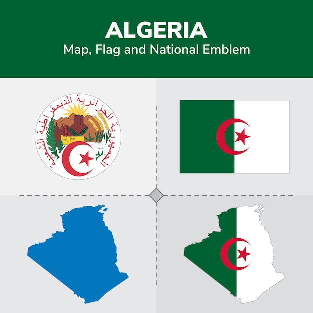 Bandera de mapa de argelia y emblema nacional