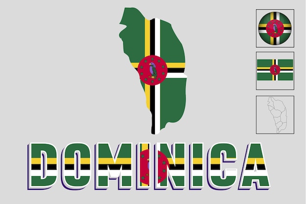 Bandera y mapa de Dominica en una ilustración vectorial