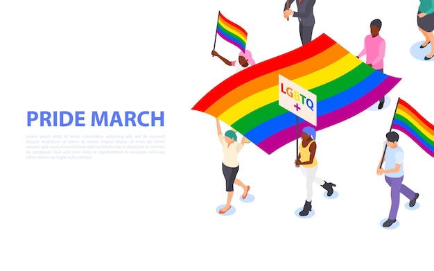 Bandera de la marcha del orgullo. un grupo de personas que caminan con banderas y carteles lgbtq en sus manos. defendiendo derechos y libertades. ilustración isométrica de vector plano.