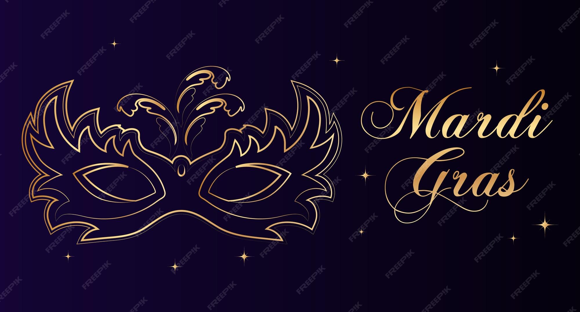 Bandera de mardi gras, máscara de carnaval de lujo dorado y texto sobre
