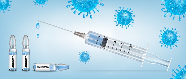 Vector bandera médica de vacunación. jeringa y ampollas con vacuna contra el coronavirus, evitando una segunda ola de infección por covid-19.