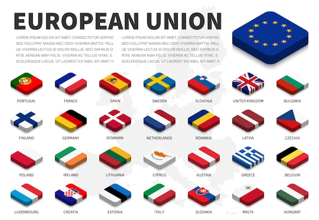 Bandera y membresía de la unión europea (ue) en el fondo del mapa de europa. diseño superior isométrico. vector