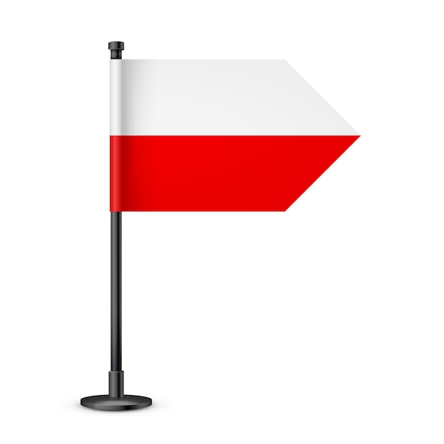 Bandera de mesa polaca en un poste de acero cromado Souvenir de Polonia Bandera de escritorio hecha de papel o tela y soporte de metal brillante Maqueta para promoción y publicidad Ilustración vectorial