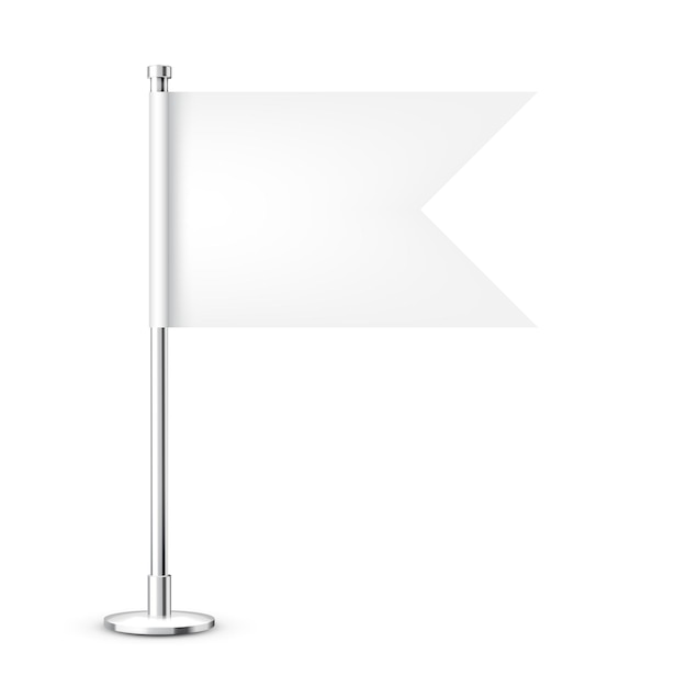 Bandera de mesa realista en un poste de acero cromado Bandera de escritorio blanca en blanco hecha de papel o tela Stand de metal brillante Maqueta para promoción y publicidad Ilustración vectorial