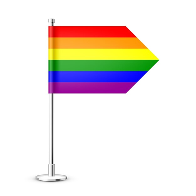 Bandera de mesa realista en un poste de acero cromado Bandera de escritorio Rainbow LGBT hecha de papel o tela Soporte de metal brillante Maqueta para promoción y publicidad Ilustración vectorial