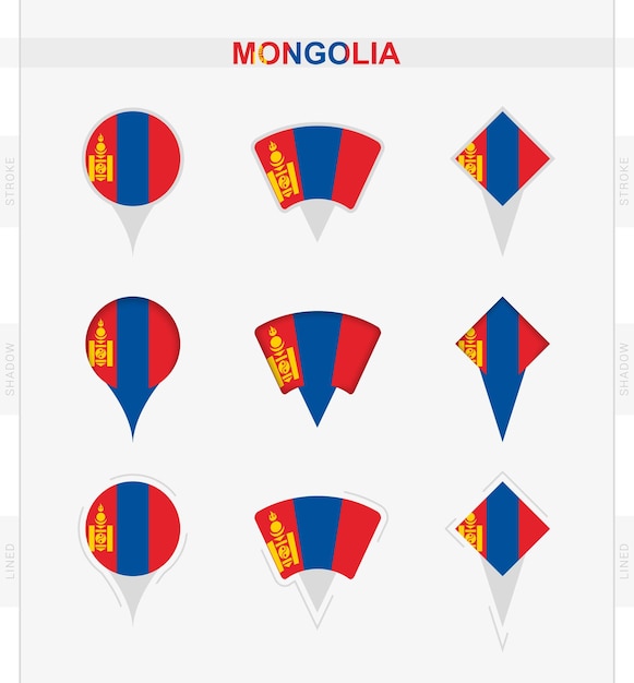 Bandera de mongolia conjunto de iconos de pin de ubicación de la bandera de mongolia