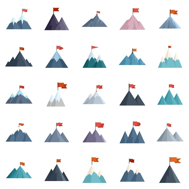 Bandera en montaña iconos conjunto vector plano objetivo de carrera