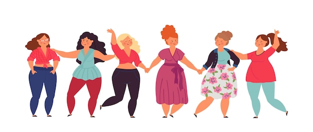 Vector bandera de mujer diversa grupo de niñas aisladas mujeres sonrientes felices juntas amigos feministas internacionales o hermandad concepto de vector decente mujeres de personaje femenino sonriendo y bailando ilustración
