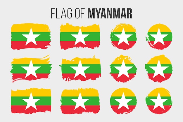 Bandera de Myanmar Trazo de pincel de ilustración y banderas grunge de Myanmar o Birmania aislado en blanco