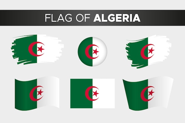 Bandera nacional de argelia en estilo de botón de círculo ondulado de trazo de pincel y diseño plano
