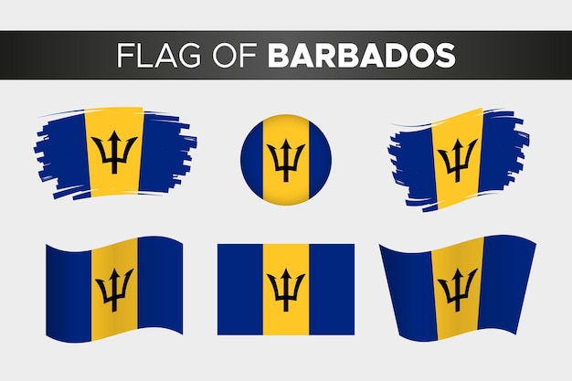 Bandera nacional de barbados en estilo de botón de círculo ondulado de trazo de pincel y diseño plano