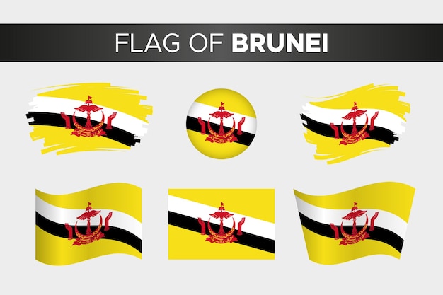Bandera nacional de brunei en estilo de botón de círculo ondulado de trazo de pincel y diseño plano