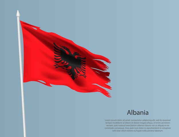 Vector bandera nacional desgarrada de albania tejido ondulado sobre fondo azul ilustración vectorial realista