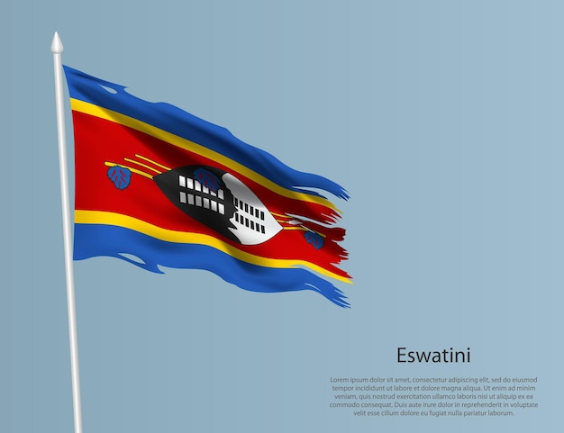 Bandera nacional desgarrada de Eswatini Tejido ondulado en un fondo azul Ilustración vectorial realista