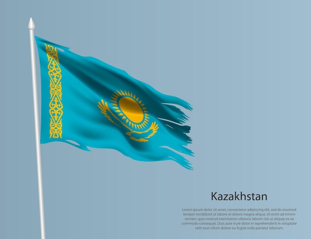 Bandera nacional desgarrada de Kazajstán Tejido ondulado sobre fondo azul Ilustración vectorial realista