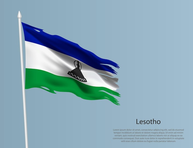 Bandera nacional desgarrada de Lesotho Tejido ondulado sobre fondo azul Ilustración vectorial realista
