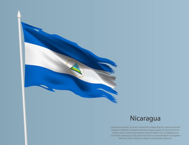 Bandera nacional desgarrada de Nicaragua Tejido ondulado sobre fondo azul Ilustración vectorial realista