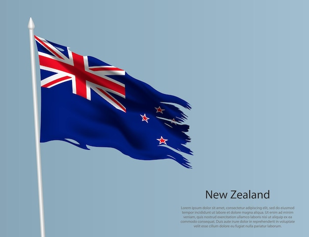 Bandera nacional desgarrada de Nueva Zelanda Tejido ondulado sobre fondo azul Ilustración vectorial realista