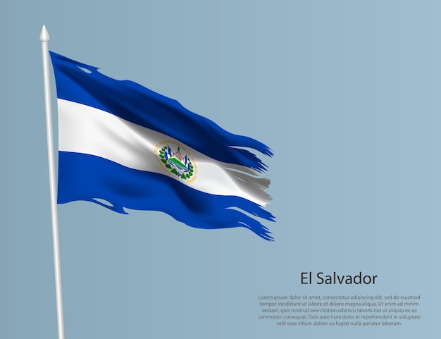 Bandera nacional desgarrada de El Salvador Tejido ondulado sobre fondo azul Ilustración vectorial realista