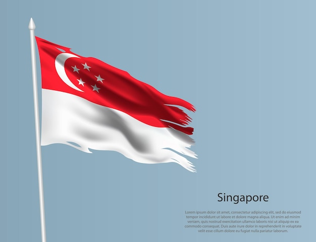 Bandera nacional desgarrada de Singapur Tejido ondulado sobre fondo azul Ilustración vectorial realista
