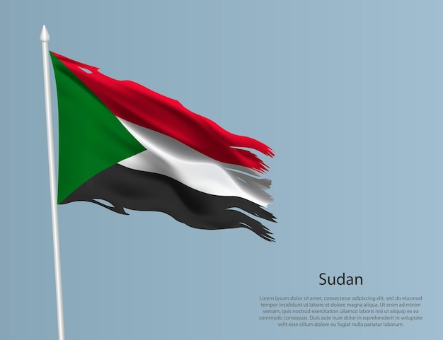 Bandera nacional desgarrada de Sudán Tejido ondulado sobre fondo azul Ilustración vectorial realista