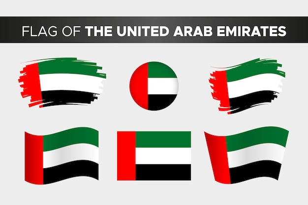 Bandera nacional de los emiratos árabes unidos en estilo de botón de círculo ondulado de trazo de pincel y diseño plano