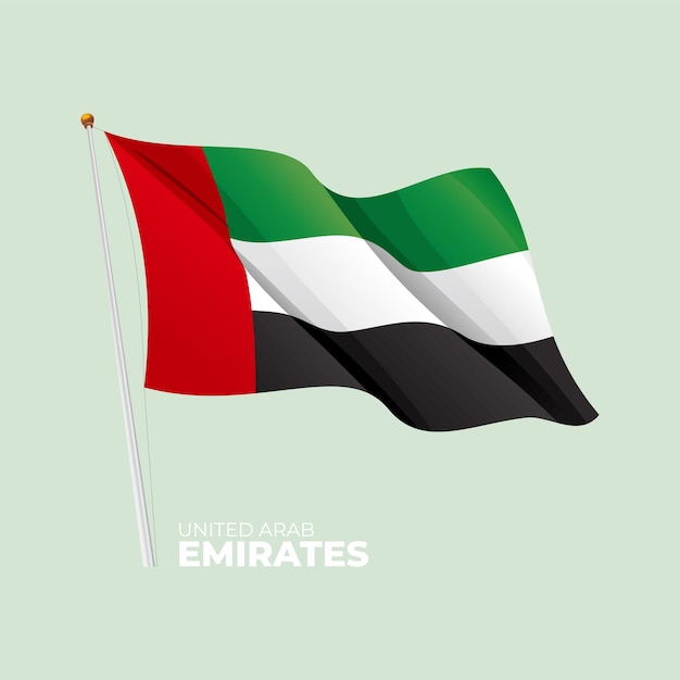 Bandera nacional de los emiratos árabes unidos ondeando en el asta de la bandera vector 3d