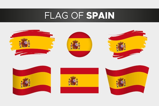 Bandera nacional de españa en estilo de botón de círculo ondulado de trazo de pincel y diseño plano