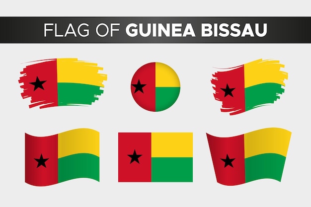 Bandera nacional de guinea bissau en estilo de botón de círculo ondulado de trazo de pincel y diseño plano