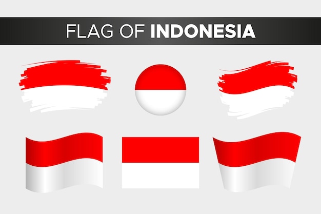 Bandera nacional de Indonesia en estilo de botón de círculo ondulado de trazo de pincel y diseño plano