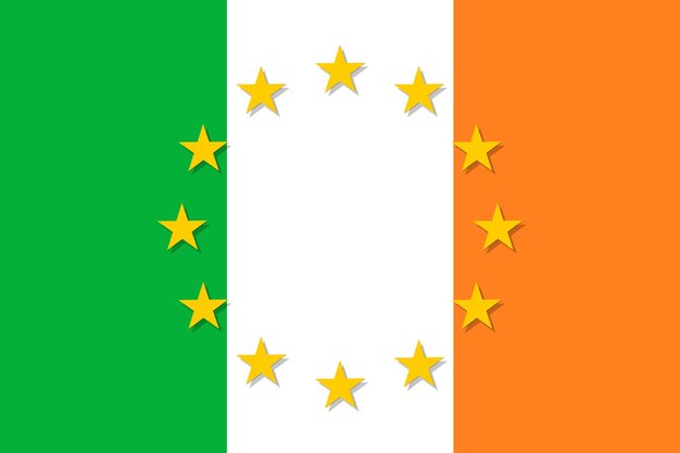Bandera nacional de Irlanda con un círculo de la Unión Europea doce estrellas doradas solidaridad y armonía con el miembro de la UE desde el 1 de enero de 1973 Ilustración de estilo plano vectorial