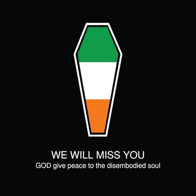Bandera nacional de Irlanda en concepto de ataúd con elementos vectoriales Descanse en paz