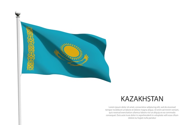 La bandera nacional de kazajstán ondea aislada sobre un fondo blanco