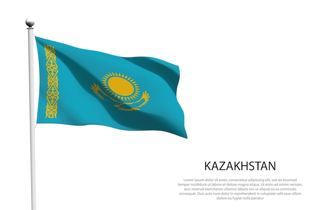 La bandera nacional de Kazajstán ondea aislada sobre un fondo blanco