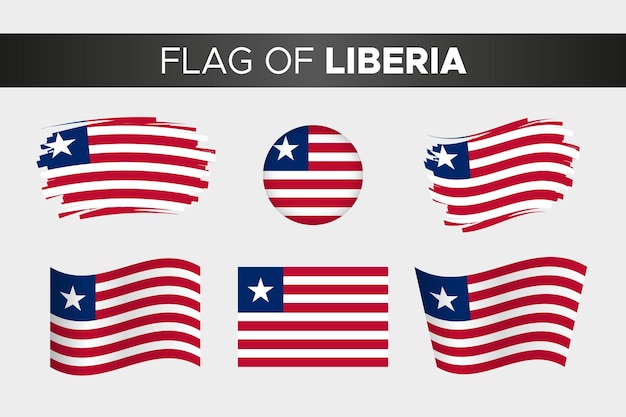 Bandera nacional de liberia en estilo de botón de círculo ondulado de trazo de pincel y diseño plano